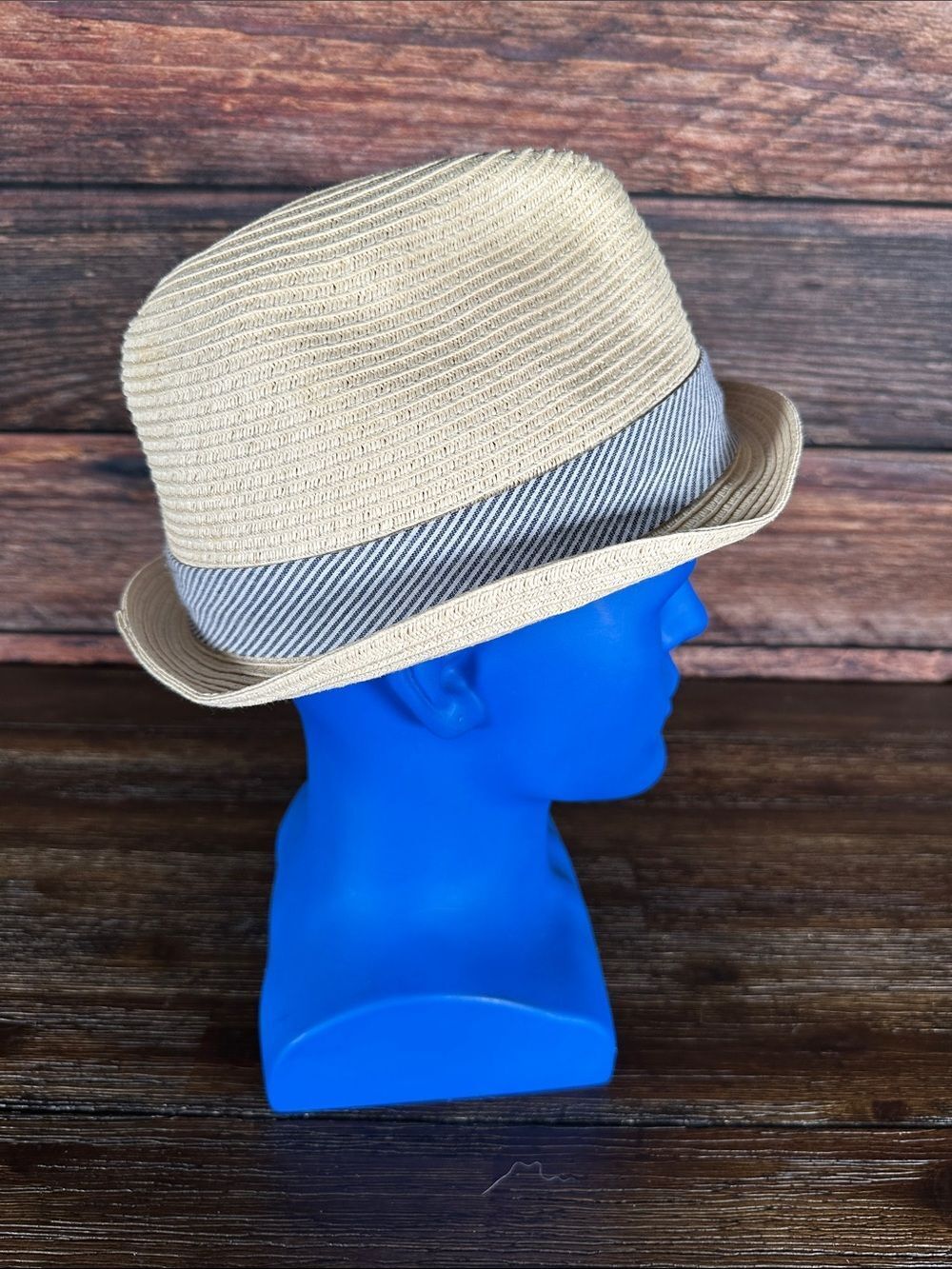 Glory by Goorin Beige Straw Fedora Hat with White and Navy stripped band! - Picture 5 of 7